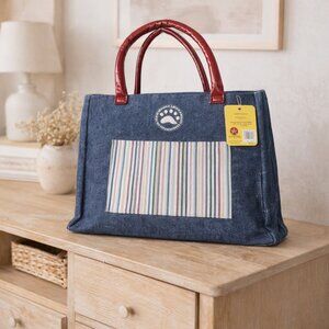 Boyds Bears Denim Tote with Red Handles and Multicolor Stripe Pocket